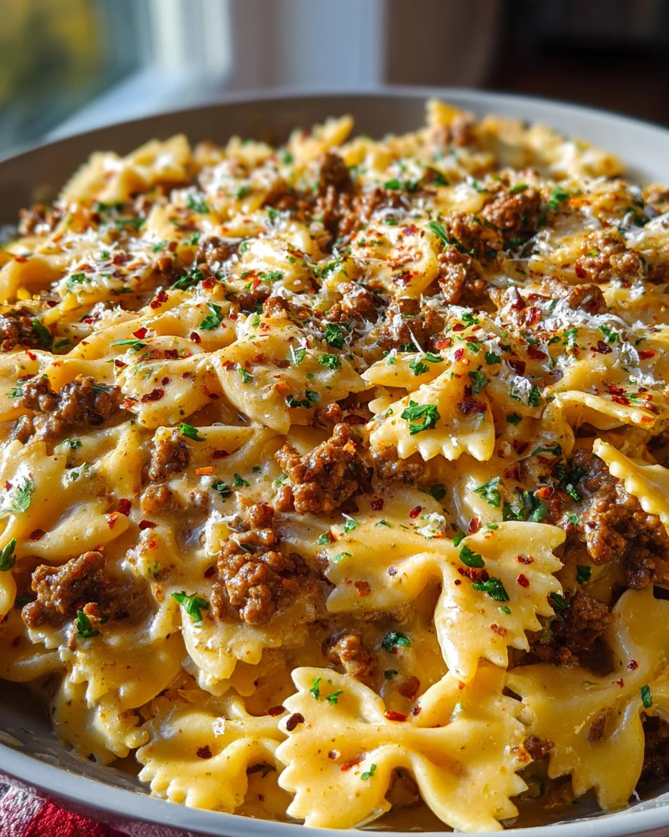 Cajun Cream Cheese Alfredo Bowties with Spiced Ground Beef Recipe