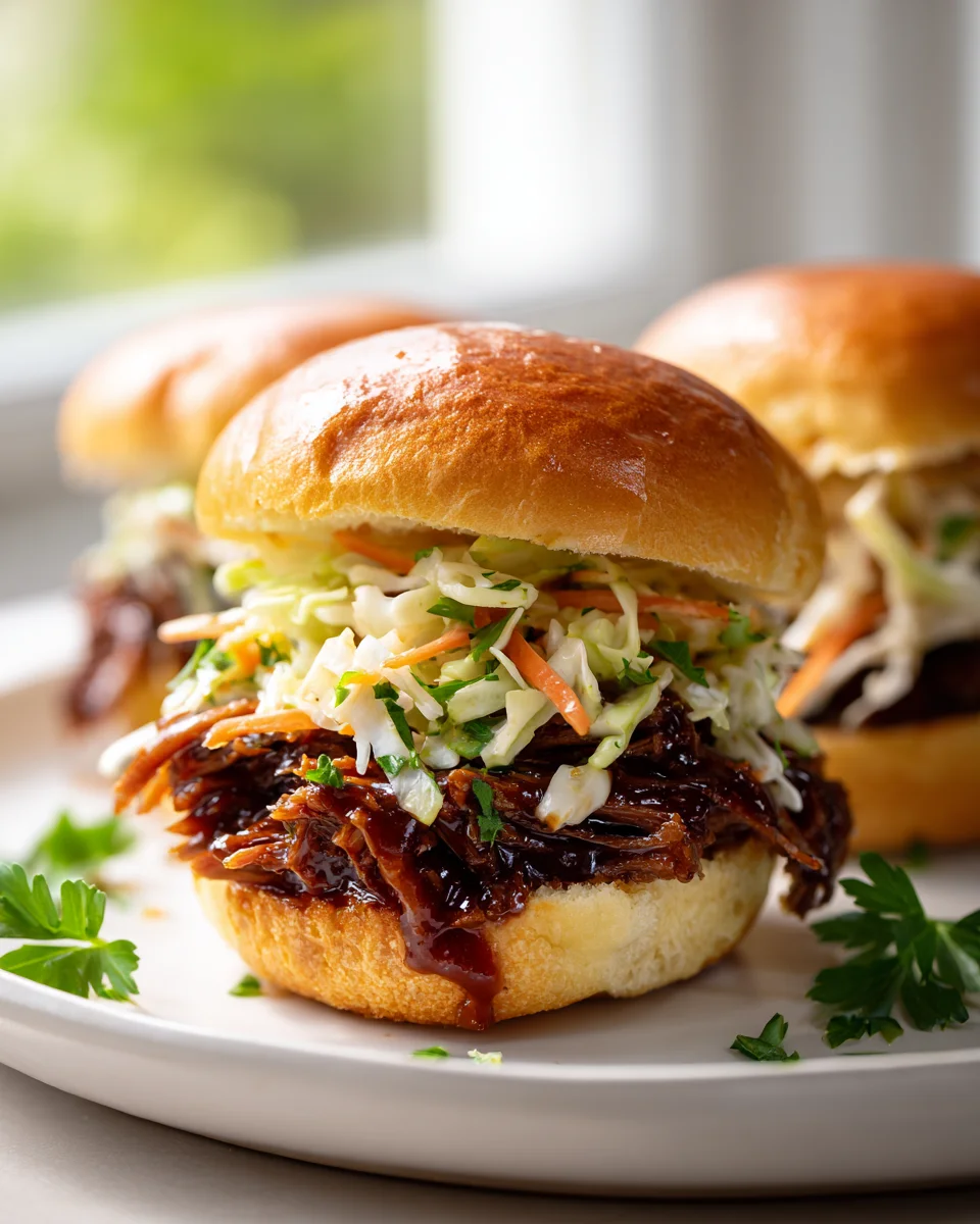 Easy BBQ Pulled Beef Sliders with Coleslaw on Brioche Buns