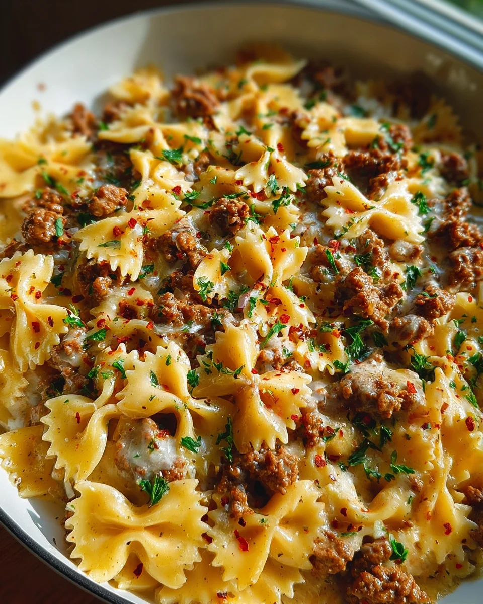 Cajun Cream Cheese Alfredo Bowties with Spiced Ground Beef Recipe